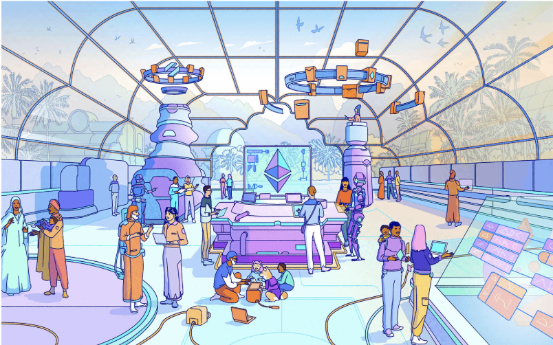 A futuristic Web3 coworking dome with the Ethereum logo on a central screen, representing scalable blockchain development solutions used by teams to collaborate on decentralized applications.
