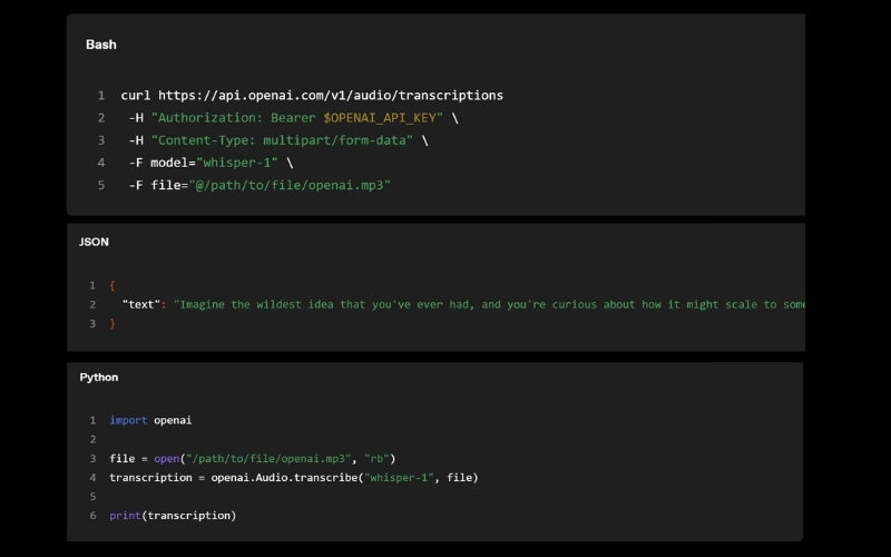 Developers can integrate the Whisper API into applications using simple Bash or Python requests.AI - development - companies (5)