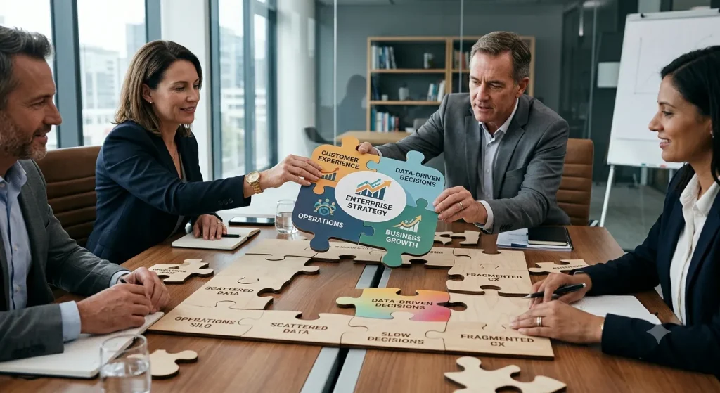 Business leaders designing a proprietary digital platform with a custom web app development firm to support unique business processes and competitive advantage.