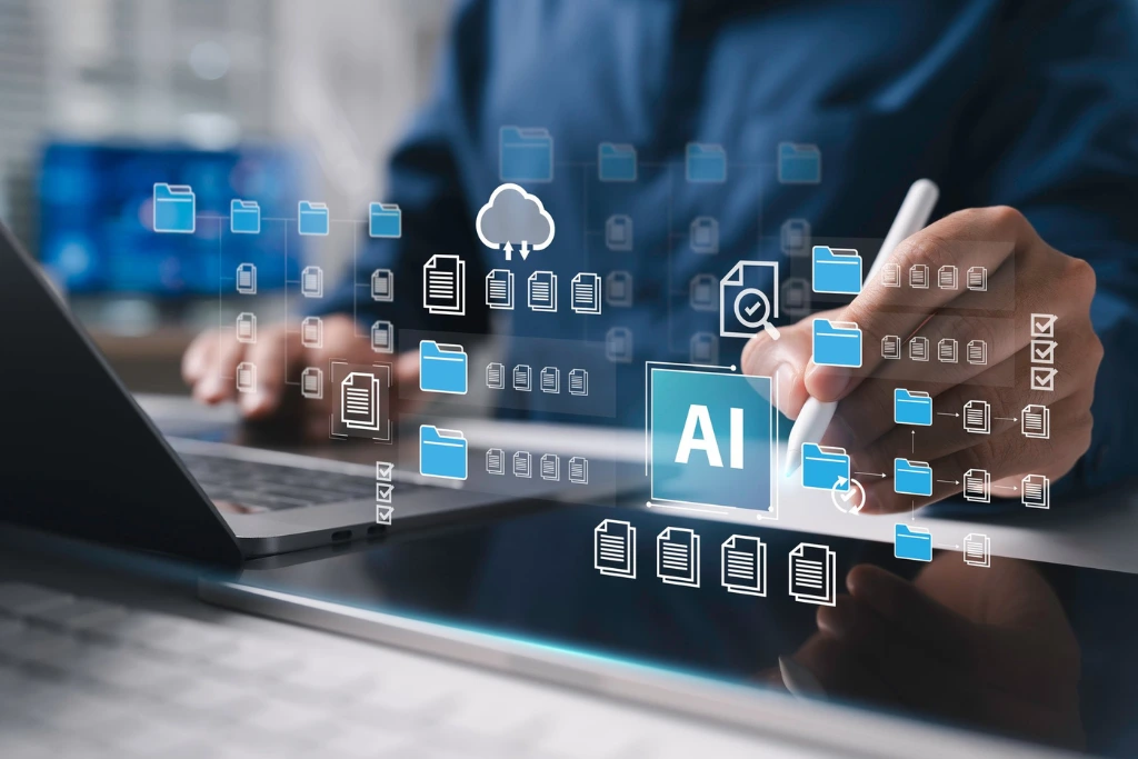 Six stages of AI workflow automation services, from choosing the process and preparing data to securing, testing and running the workflow, each with its deliverable