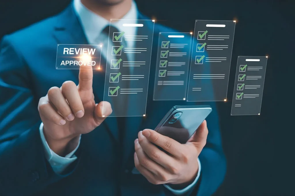 A businessman touching a virtual Review Approved button above digital checklists