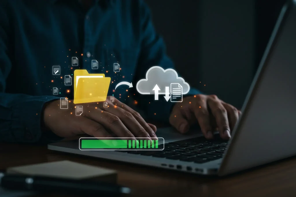 Visualization of data being uploaded from document folders to cloud computing on a laptop